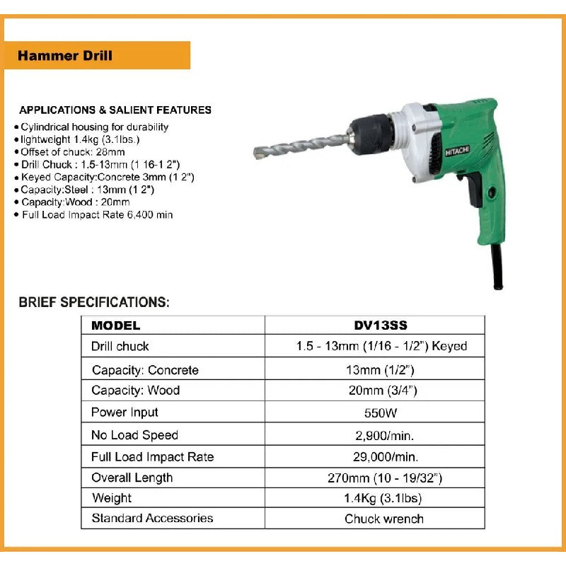 Hitachi dv13vss discount 13mm impact drill