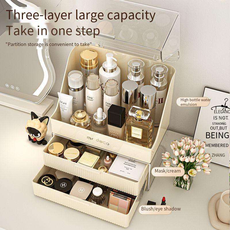 Large Capacity Makeup Organizer with Dust-proof Lid & 3 Drawers