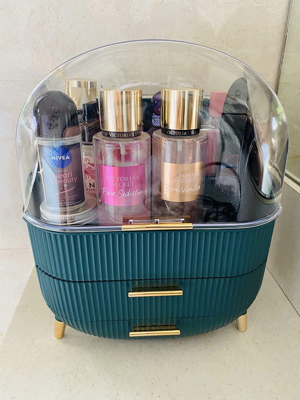 Modern Makeup Storage Organizer Box with Multi-Tier Drawers and Display Rack